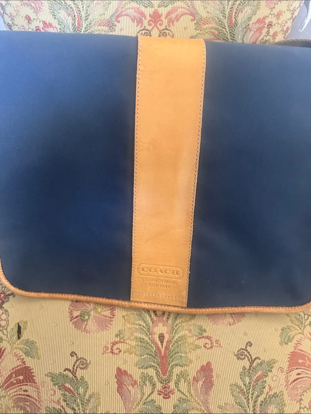 Coach Navy and Tan Leather-Trim Messenger Bag